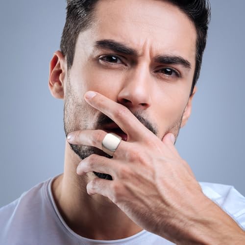 Men's Stainless Steel Square Biker Signet Ring, Black Silver Gold Styles | plain flat top, polished and brushed finish options, chunky profile, pinky or thumb styling, gift-ready for dad or him - color: Silver-Brushed