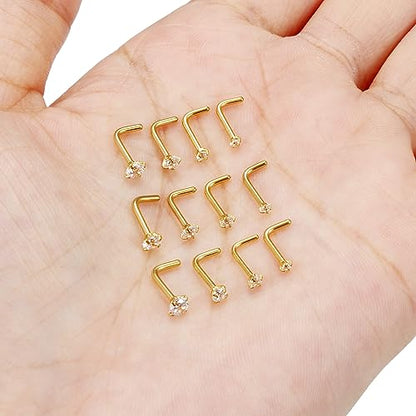 18G 20G 22G L Shaped Nose Rings Stud with Cubic Zirconia Hypoallergenic 316L Surgical Grade Stainless Steel Nose Nostril Rings Body Piercing Jewelry for Women Men CZ Size 1.5mm 2mm 2.5mm 3mm - color: 22G Gold CZ 1.5mm-3mm