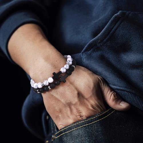Giovanchi 4-12PCS Bracelets for Men, 8MM Mens Bracelets Lava Rock Black Obsidian Howlite Tiger Eye Beaded Natural Stone Bracelet Jewelry Gifts for Birthday Christmas - style: 8Pcs E