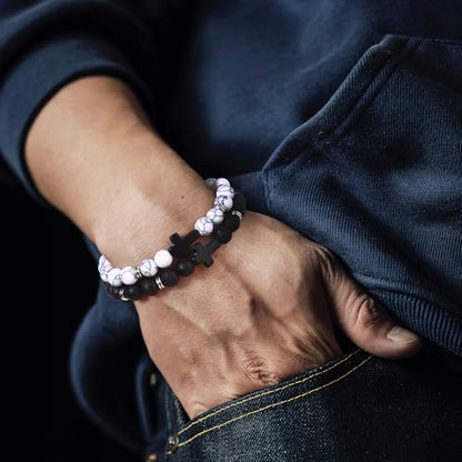 Giovanchi 4-12PCS Bracelets for Men, 8MM Mens Bracelets Lava Rock Black Obsidian Howlite Tiger Eye Beaded Natural Stone Bracelet Jewelry Gifts for Birthday Christmas - style: 8Pcs E
