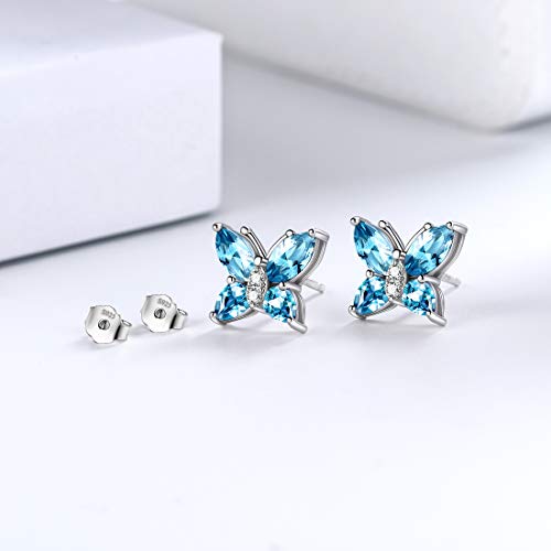 Butterfly Birthstone Stud Earrings - Women 925 Sterling Silver Butterflies Birthstone Stud Earrings Birthday Gift for Women - color: C.March