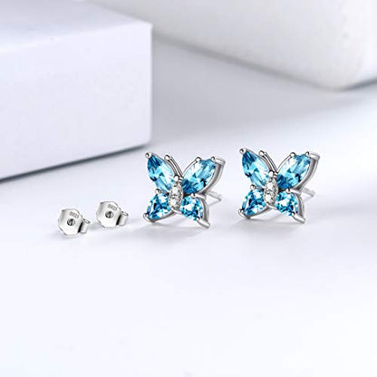 Butterfly Birthstone Stud Earrings - Women 925 Sterling Silver Butterflies Birthstone Stud Earrings Birthday Gift for Women - color: C.March