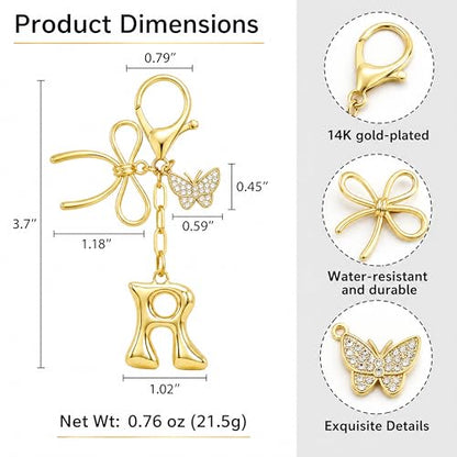 Gold Bubble Heart, Cherry, Bow & More Designs Letter Initial Keychain Bag Charms – Cute Purse Charms for Handbags - color: Bow & Butterfly, style: R