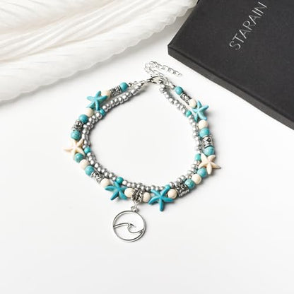 Starain Blue Turtle Anklets for Women Multilayer Beads Handmade Beach Ankle Bracelet Set Boho Foot Jewelry - color: Wave Beaded Anklet