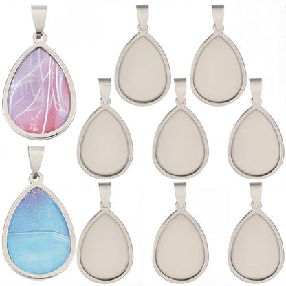 1 Box 10Pcs Silver Stainless Steel Cabochon Blanks Teardrop Bezel Pendant Trays Bulk Stylish Water Drop Shaped Bezel Pendant Trays for Jewelry Making Bracelet Necklace DIY Crafts Beginner - style: silver drop