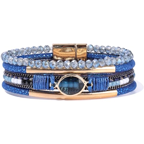 Boho Leather Wrap Bracelets Beaded Stackable Cuff Bracelet Country Concert Outfits Cowboy Cowgirl Western Jewelry Gifts for Women - color: Crystal-Blue
