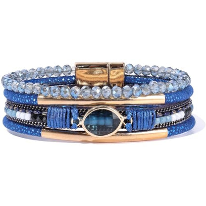 Boho Leather Wrap Bracelets Beaded Stackable Cuff Bracelet Country Concert Outfits Cowboy Cowgirl Western Jewelry Gifts for Women - color: Crystal-Blue