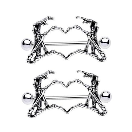 14G Skeleton Hand Heart Nipple Rings for Women Gothic 316L Surgical Steel Nipple Barbell Dark Style Nipple Piercing Jewelry for Halloween