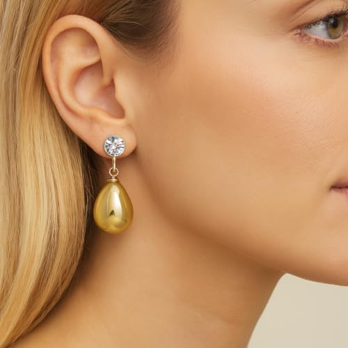 Pearl Clip on Earrings for Women - 14K Gold Silver Plated Cubic Zirconia Non Pierced Ear Clips Jewelry Gifts for Wedding Bridal Party Gifts - color: Yellow-10mm