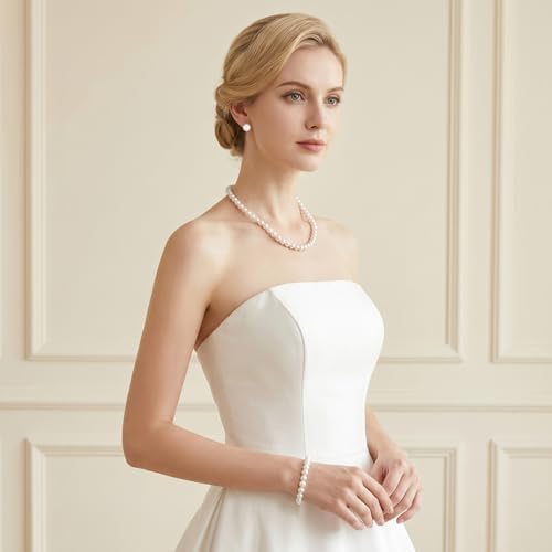 3Pcs White Faux Pearl Jewelry Set for Women – Pearl Necklace Earrings Bracelet Set for Wedding Bridal Birthday Tea Party Gift