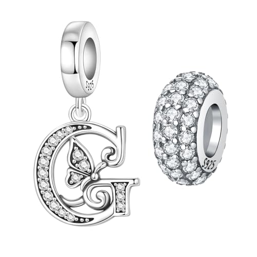 2 Pack 925 Sterling Silver Butterfly Letter Charms for Bracelets and Necklace Alphabet Initial Dangle Pendants Round Spacer Beads Pave Cubic Zirconia Jewelry Gift for Women - color: G Set