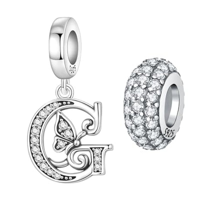 2 Pack 925 Sterling Silver Butterfly Letter Charms for Bracelets and Necklace Alphabet Initial Dangle Pendants Round Spacer Beads Pave Cubic Zirconia Jewelry Gift for Women - color: G Set
