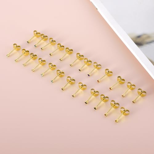 12 Pairs Surgical Stainless Steel Cubic Zirconia Birthstone Stud Earrings Heart Star Round Multicolors Stud Earrings Set for Women - style: Gold round 2mm