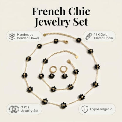 Daisy Pearl Jewelry Set for Women, 14K Gold Plated Stainless Steel Necklace Bracelet Earring 3 Piece Set, Dainty Pearl Choker Flower Necklace Birthday Gift for Her - color: Black