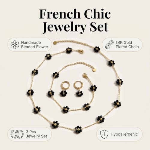 Daisy Pearl Jewelry Set for Women, 14K Gold Plated Stainless Steel Necklace Bracelet Earring 3 Piece Set, Dainty Pearl Choker Flower Necklace Birthday Gift for Her - color: Black