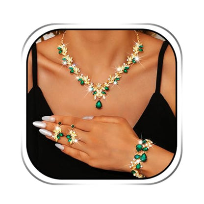 Sixexey Bridal Wedding Jewelry Set Crystal Neck Jewelry Rhinestone Wedding Prom Jewelry Accessories for Women - color: Green Crystal