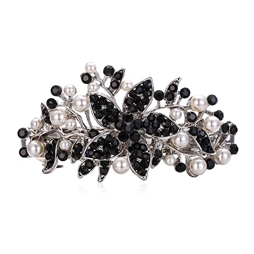 EVER FAITH Austrian Crystal Bridal Hibiscus Flower Leaf Cream Simulated Pearl Hair Clip Barrette Black Silver-Tone - color: Black Silver-Tone