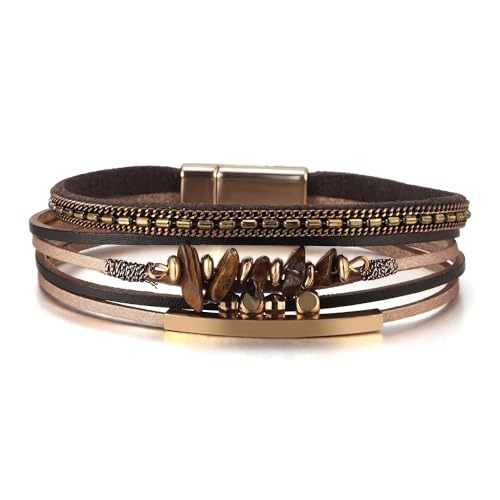Wrap Bracelets for Women PU Leather Multi-Layer Boho Bracelet with Clasp Handmade Irregular Beads Cuff Bangle Stackable Jewelry Gift - color: Brown