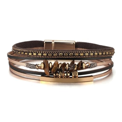 Wrap Bracelets for Women PU Leather Multi-Layer Boho Bracelet with Clasp Handmade Irregular Beads Cuff Bangle Stackable Jewelry Gift - color: Brown