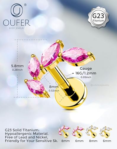 OUFER Body Piercing Titanium Helix Piercing Jewelry 16G Leaf Helix Earrings for Women Internally Thread Conch Helix Stud Flat Back Cartilage Earrings Surgical Steel Gold Cartilage Piercing Jewelry - color: ruby CZ, size: 1.2*8mm