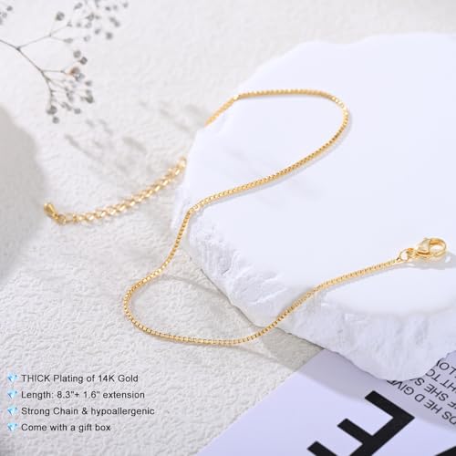 Ankle Bracelets for Women 14K Gold Plated Anklet Silver Anklets Waterproof Evil Eye Beaded Pearl Tennis Crystal Heart Cuba Link Chain Anklets Dainty Jewelry Gift for Her - color: Box Chain-Gold
