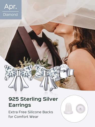 ChicSilver 925 Sterling Silver Bow/Butterfly Earrings for Women Hypoallergenic Birthstone Earrings Dainty Bow/Butterfly Jewelry Gift for Women - color: Bow-April-Diamond