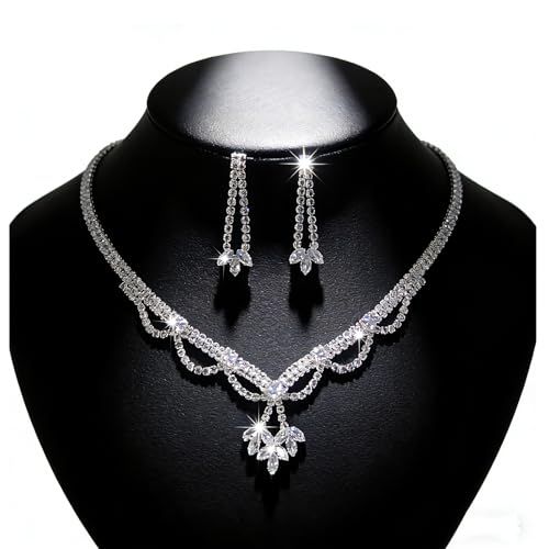 Women's Fashion Jewelry Rhinestone Zircon Necklace and Earring Set Formal Ball Gown Accessories Silver Floral Pendant Bridal Wedding Jewelry Suitable for Weddings, Balls, Banquets, and All Special Occasions - style: GST002