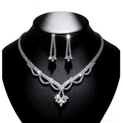 Women's Fashion Jewelry Rhinestone Zircon Necklace and Earring Set Formal Ball Gown Accessories Silver Floral Pendant Bridal Wedding Jewelry Suitable for Weddings, Balls, Banquets, and All Special Occasions - style: GST002