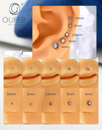 OUFER 2Pcs 20G/18G/16G G23 Titanium Threadless Nose Stud Earrings Flat Back Tiny CZ Small Nose Helix Cartilage Tragus Conch Labret Medusa Monroe Piercing Jewelry for Women Men - color: Black, size: 2pcs, 16g 4.5mm, 3mm cz