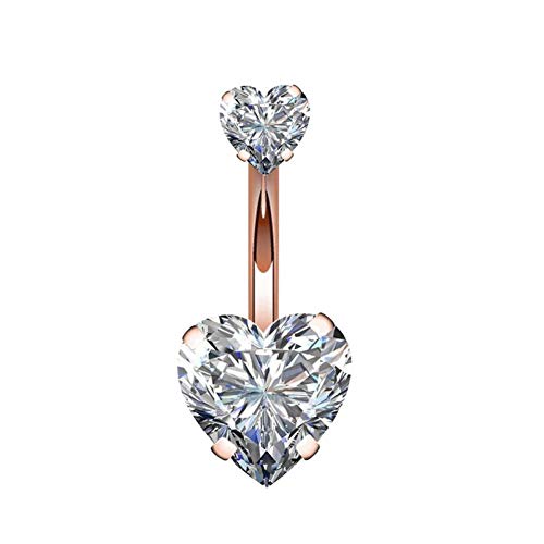 YHMM 14G Surgical Steel Belly Button Rings Double Heart Cubic Zirconia Navel Barbell Stud Body Piercing - color: A: Rose Gold Tone
