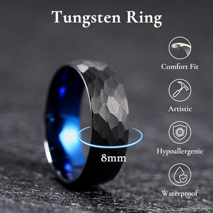 King Will Men's Tungsten Carbide Wedding Ring Hammered Groove Wedding Band Mens Two Tone Engagement Ring for Men and Women Matte Brushed Finish Comfort Fit - color: Black & Blue 8mm