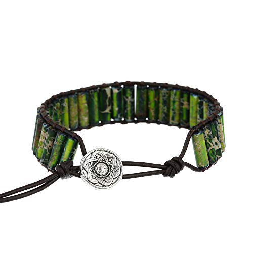 Plumiss Women Boho Handmade Natural Stone Crystal Leather Bead Wrap Bracelets Collection - style: Green Jasper 1W