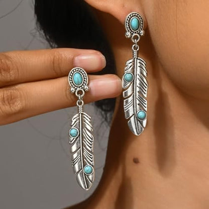 Western Turquoise Earrings Silver western earrings Bohemian turquoise western Jewelry for Women (Feather-Earrings)