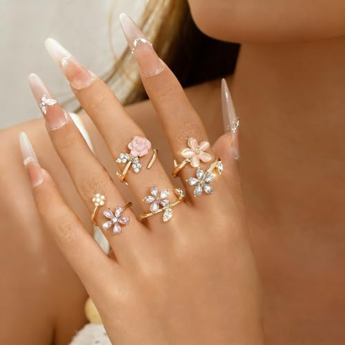 Flower Rings for Women Gold Adjustable Rings Set, Pink Enamel Rose Daisy Stackable Rings with Cubic Zirconia, Dainty Floral Knuckle Rings Jewelry for Party Wedding Gifts - color: Gold-01