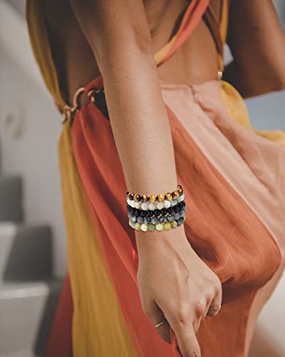 BOMAIL 5PCS Semi-Precious Gemstone Beaded Bracelet 8mm Round Beaded | Healing Crystal Stone, Stretch Bracelets, Unisex, Handmade,Elastic,Yoga Beads Bracelets,Jewelry Gift - color: B