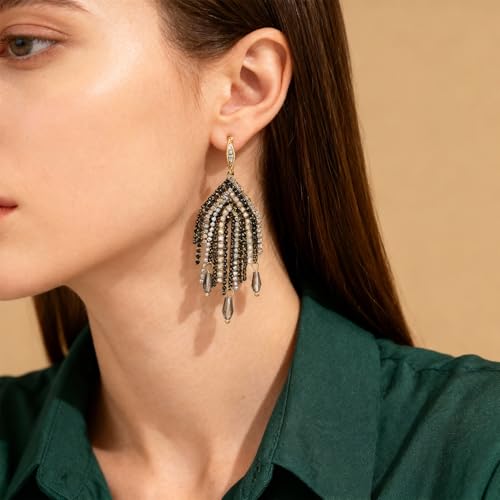 Fringe Dangling Tassel Earrings for Women, Handcrafted Chandelier Long Bohemian Beaded Cubic Zirconia Crystal Imitation Pearls Inlay Statement Boho Chain Hook Earrings for Wedding Party - color: Black Gold Hook