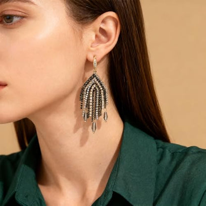 Fringe Dangling Tassel Earrings for Women, Handcrafted Chandelier Long Bohemian Beaded Cubic Zirconia Crystal Imitation Pearls Inlay Statement Boho Chain Hook Earrings for Wedding Party - color: Black Gold Hook