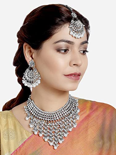 Aheli Elegant Indian Wedding Wear Faux Kundan Studded Choker Necklace with Maang Tikka Set Ethnic Fashion Jewelry for Women Maroon Kundan & Pearl Drop - color: Rhodium White
