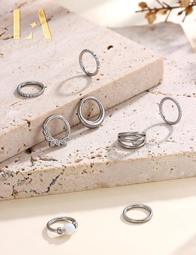 LOLIAS Septum Nose Rings Hoops - 316L Surgical Steel Septum Rings CZ Opal Silver 14K Gold Plated Hoop Nose Ring for Women 16G/18G Clicker Cartilage Earring Conch Daith Nostril Piercing Jewelry 8mm/10mm 8Pcs - color: Silver, size: 18G 10MM