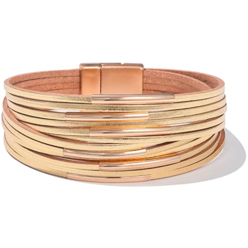 Boho Leather Wrap Bracelets Beaded Stackable Cuff Bracelet Country Concert Outfits Cowboy Cowgirl Western Jewelry Gifts for Women - color: Tube-Gold