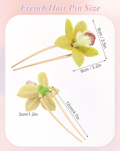 WELROG 3-Pcs Metal Hawaiian Orchid Hair Pins, Non-Slip Stick for Beach Updo | Tropical Flower Vibes,Weddings and Vacations - color: Red+Yellow+Green