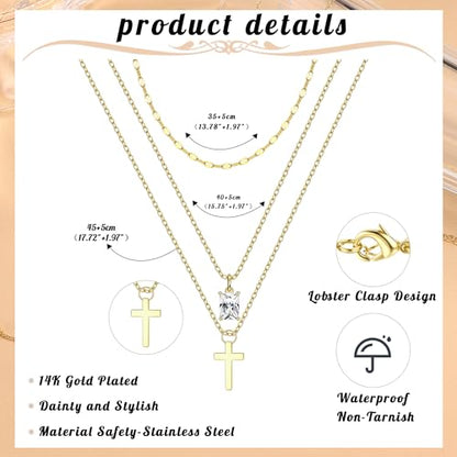 Kakonia Layered Gold Necklaces for Women, 3-Piece Gold Necklace Stack | 14K gold plated pendant necklace set, 3 dainty gold chains, trendy jewelry for women, ideal for weddings, proms or gifting - style: Cross Pendant