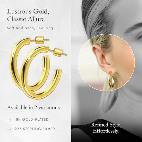 18K Gold Plated Sterling Silver Earrings for Women – Pure & Polished, Twist, Square, Hinged Tube, Abstract & Heart Shape Hoops – Lightweight, Hypoallergenic, Non-Tarnish Jewelry (Sizes: 3x35mm-46x30mm) - color: Gold, size: Polish Hoop (4x35x40mm)