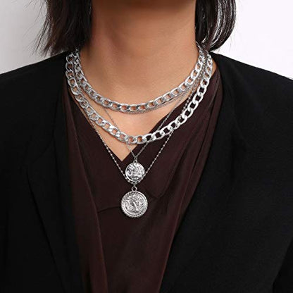 Todenb Layered Gold Pirate Necklace for Women Chunky Chain Pirate Jewelry 80s 90s Coin Pendant Necklace Pirate Costume Accessories - color: Two cir s