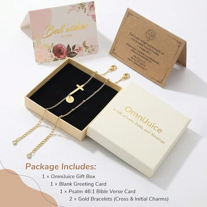 Cross Bracelet Set for Women, 18K Gold Plated Stainless Steel, Minimalist Cross & Initial Letter Charm, Adjustable Layered Bracelets with Gift Box and Inspirational Cards - style: Initial-M