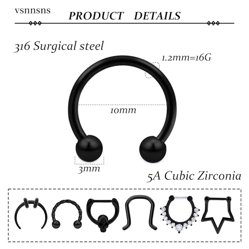 Vsnnsns 16G Septum Rings Piercing Jewelry 316L Stainless Surgical Steel Skull Flower Dangle Clicker Horseshoe Septum Nose Rings Hoop Piercing Jewelry for Women Men Silver Black Rose Gold 10mm - color: Black