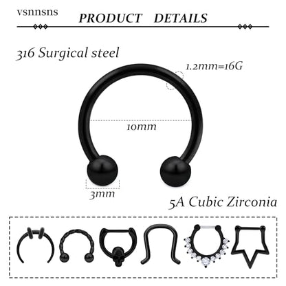 Vsnnsns 16G Septum Rings Piercing Jewelry 316L Stainless Surgical Steel Skull Flower Dangle Clicker Horseshoe Septum Nose Rings Hoop Piercing Jewelry for Women Men Silver Black Rose Gold 10mm - color: Black