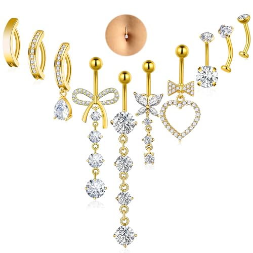 10 Pcs Belly Button Ring Dangle Hypoallergenic Surgical Stainless Steel Heart Bow Butterfly Dangly Belly Rings for Women Clicker Floating Navel Piercing Jewelry 14G