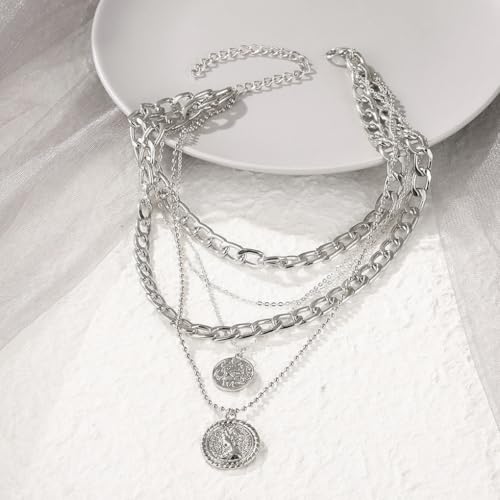 GIGB PBDK Chunky Layered Coin Pendant Necklaces for Women Gold Cuban Link Chain Statement Necklaces Punk Halloween Bachelor Party Holiday Vacation Accessory - color: Silver