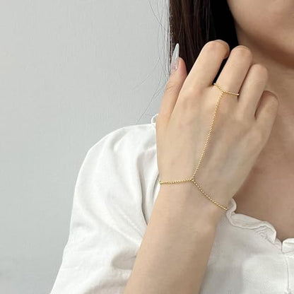 Kakikaki 925 Sterling Silver Finger Ring Bracelet Hand Chain for Women | Slave Bracelets 7" to 9" Adjustable - color: Gold, style: No Diamond